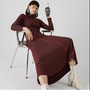 Rachel Comey Toppa Dress Size XS Knit Stripe Turtleneck Midi Red Black Runway